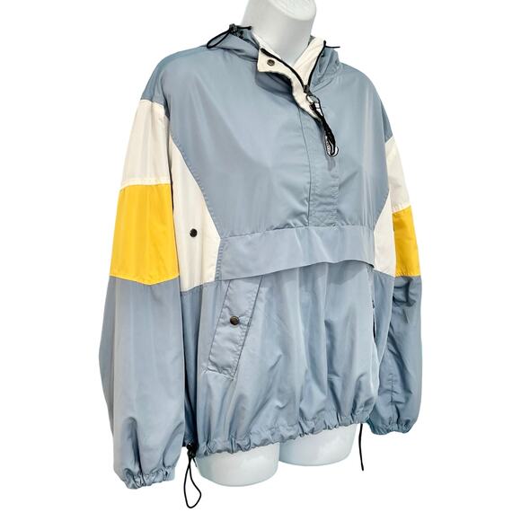 Bershka Blue White Yellow Colorblock Anorak Half Zip Snap Windbreaker size M - Picture 3 of 14
